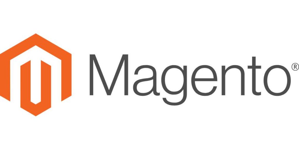 Magento logo displayed prominently against an orange and white background, symbolizing e-commerce innovation and design.