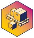 An image of a hexagon containing multiple boxes and pallets, illustrating an organized storage or logistics setup.